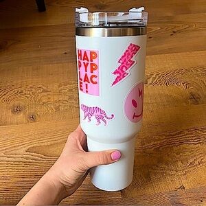 40oz Stainless Steel White Insulated Tumbler With Vinyl Stickers and Handle